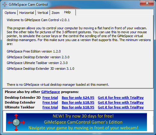 GiMeSpace Cam Control 2.0 : Main window