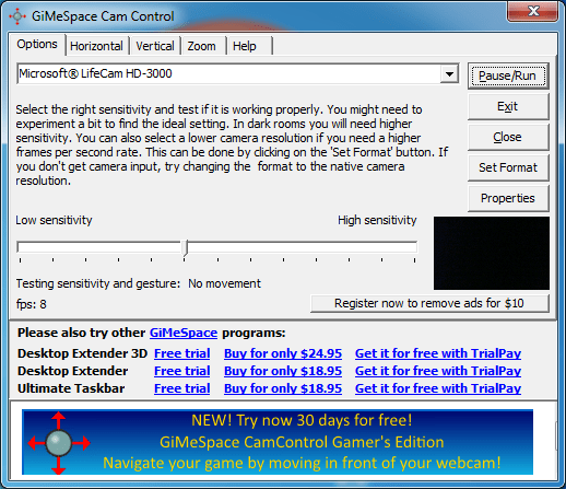 GiMeSpace Cam Control 2.0 : Main window