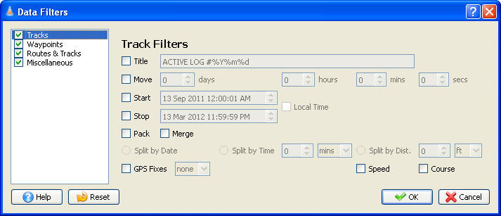 GPSBabel 1.4 : Data Filters Window