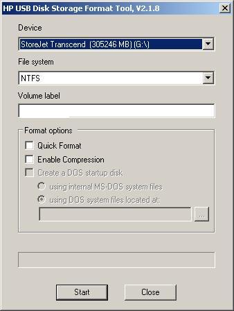 HP USB Disk Storage Format Tool : Format Screen