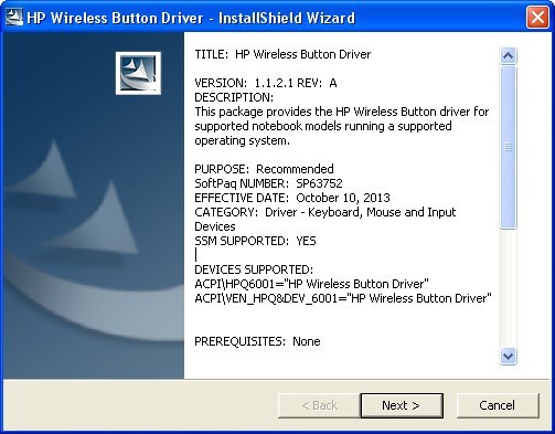 HP Wireless Button Driver 1.1 : Installation Window