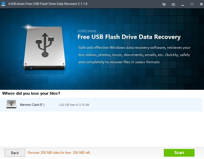IUWEshare Free USB Flash Drive Data Recovery 5.1 : Selecting External Storage Device