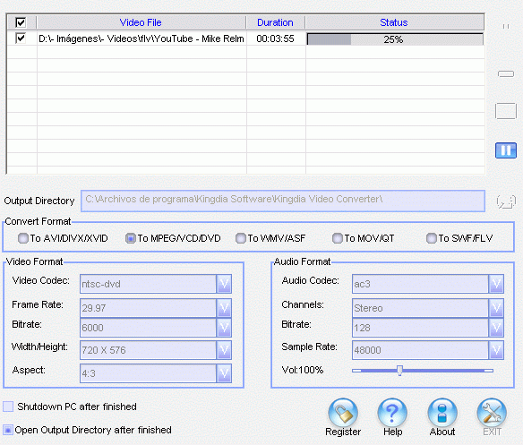Kingdia Video to AVI DIVX WMV MPEG MOV ASF SWF FLV Converter 1.0 : Main conversion window