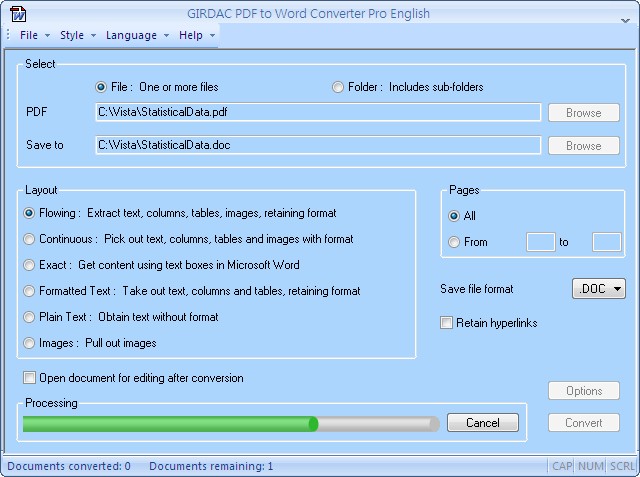 PDF to Word Converter 2.0 : Main Window