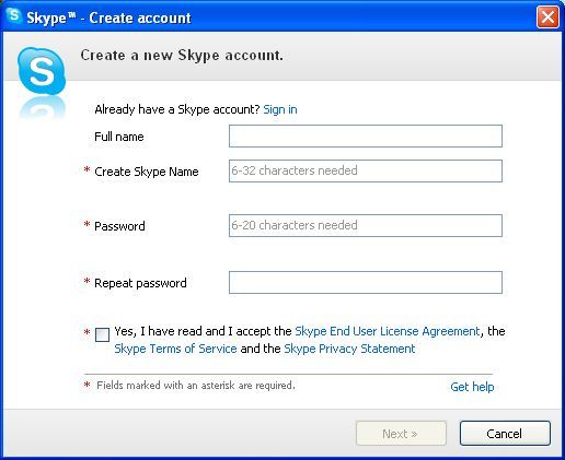 Skype 4.1 : Create new account