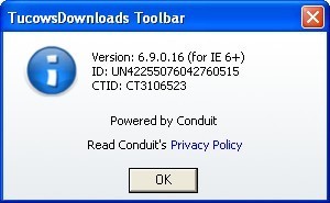 TucowsDownloads Toolbar 6.9 : About window