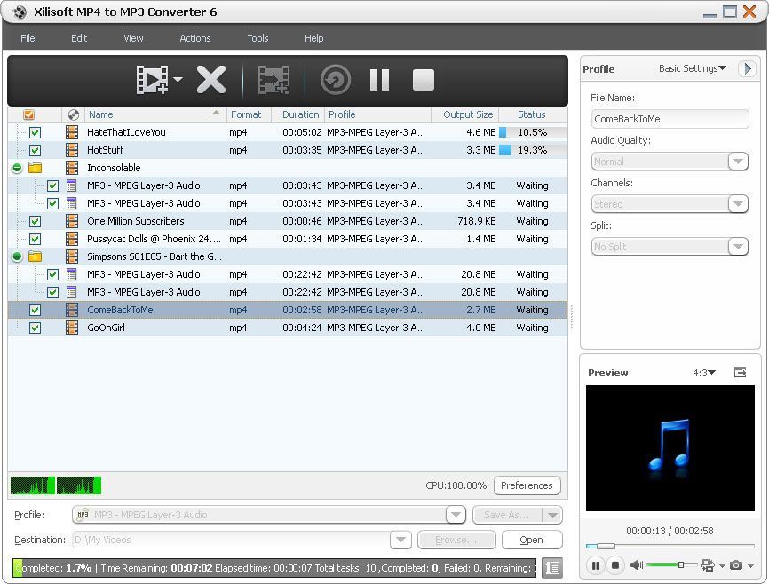 Xilisoft MP4 to MP3 Converter 6.5 : User interface.