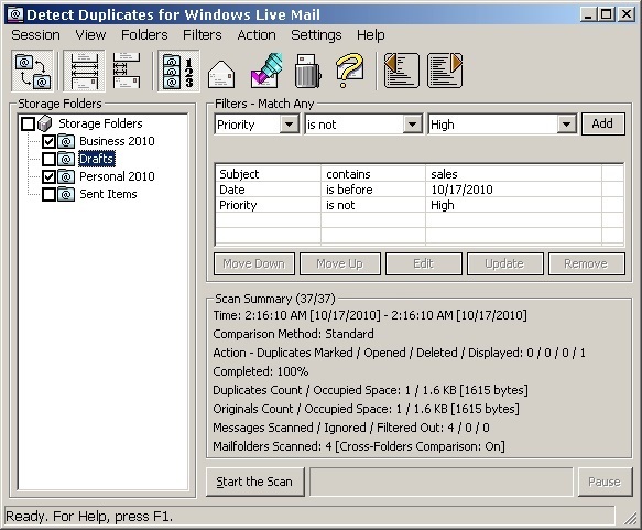 Detect Duplicates for Windows Live Mail 3.8 : Main Interface