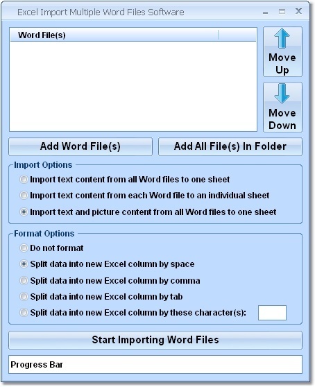 Excel Import Multiple Word Files Software 7.0 : User interface.