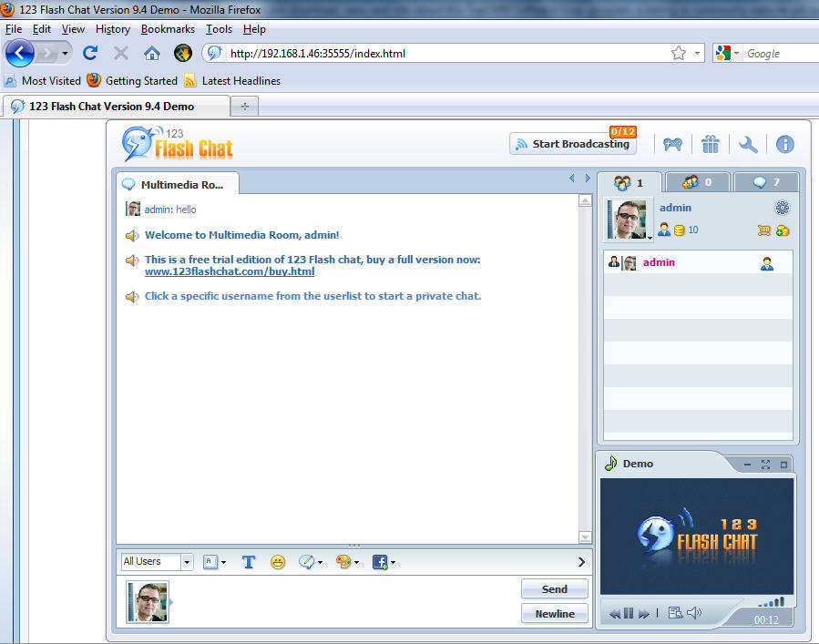 123 Flash Chat Server Software 9.4 : Main window
