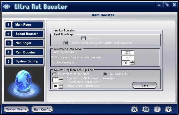 Free Ultra Net Booster 1.1 : Ram Configuration and Schedule Settings