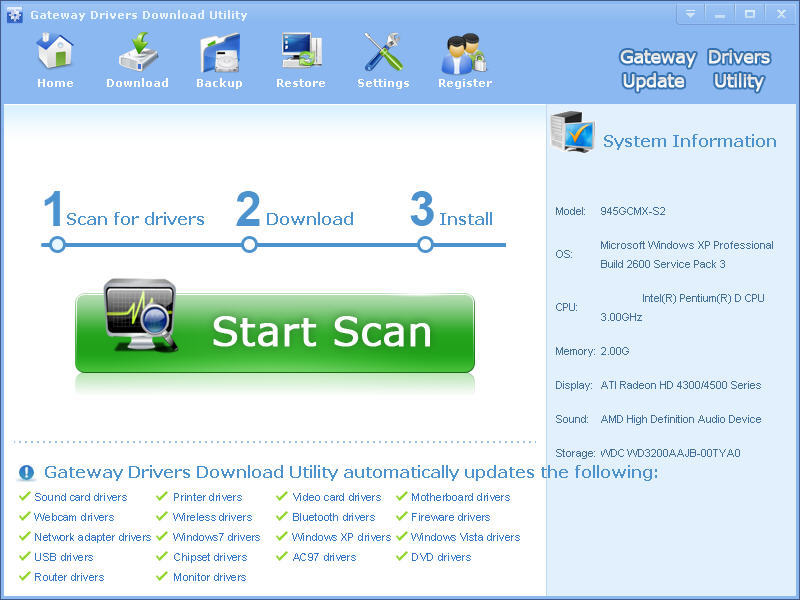 Gateway Drivers Download Utility 3.3 : Main Window