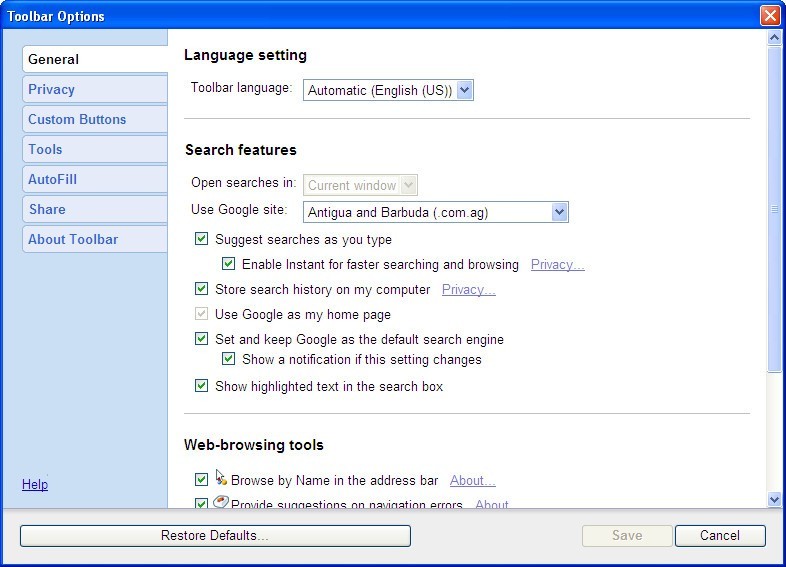 Google Toolbar for Internet Explorer 7.4 : Settings Window