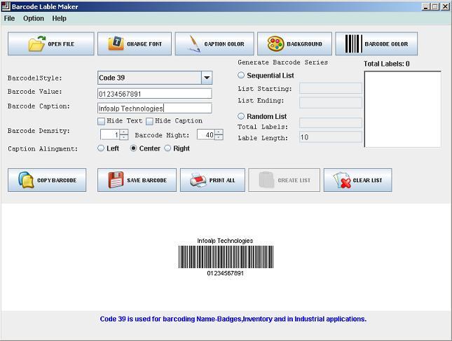 Infoalp Barcode Maker 3.0 : Main window