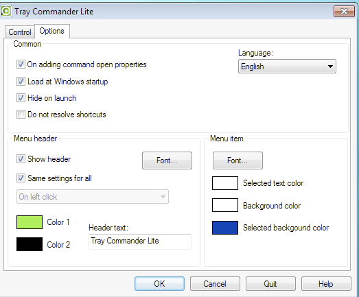 Tray Commander Lite 1.2 : Options