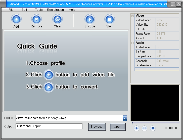 Amond FLV to WMV MPEG MOV AVI iPod PSP MP4 Zune Converter 3.0 : Main Window