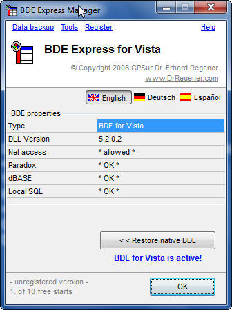 BDE eXpress for Vista 2.0 : Main window