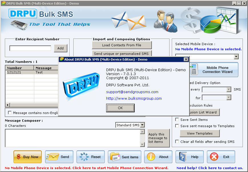 Bulk SMS Software (Multi-Device Edition) 7.0 : Main window