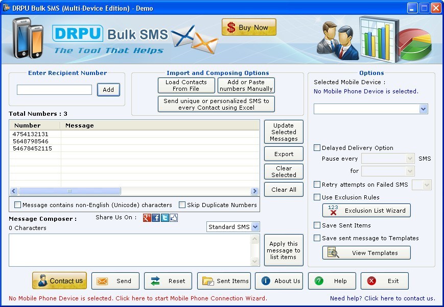 Bulk SMS Software (Multi-Device Edition) 9.0 : Main Window