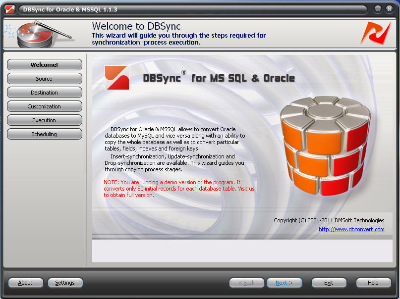 DBSync for Oracle and MS SQL 1.1 : Main window