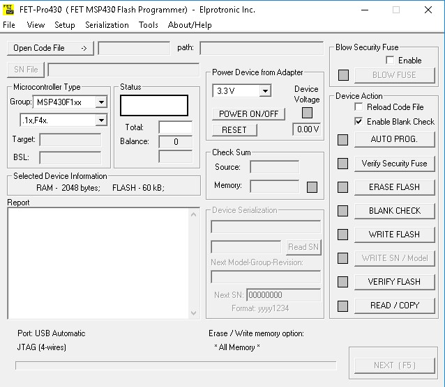 Elprotronic - FET-Pro430 - Lite version for TI's MSP430 3.4 : Main window