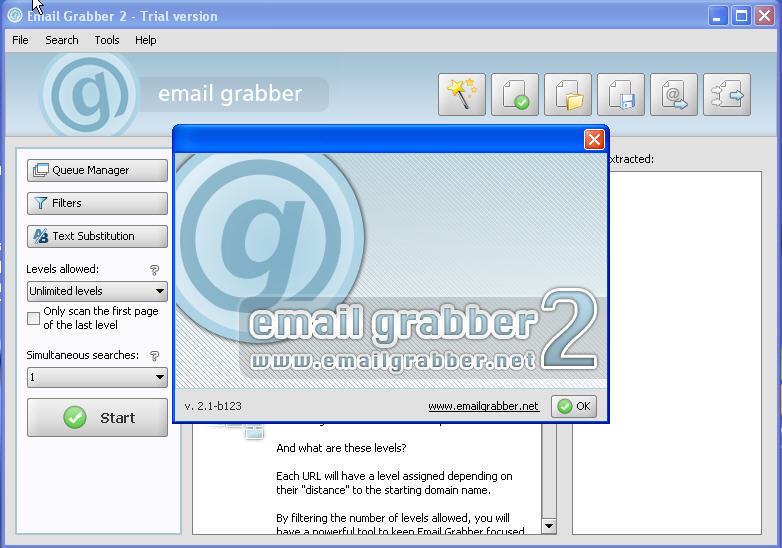 Email Grabber 2.1 : Main window