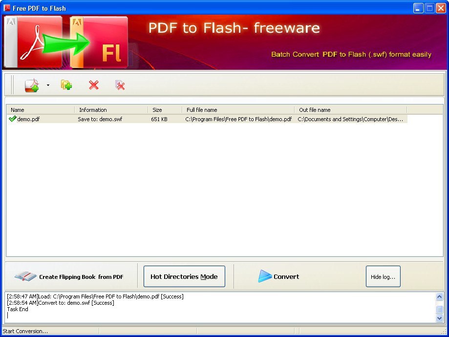 Free PDF to Flash 1.1 : Main Window
