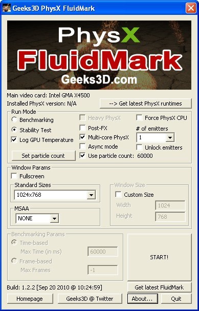 Geeks3D PhysX FluidMark 1.2 : Main Window