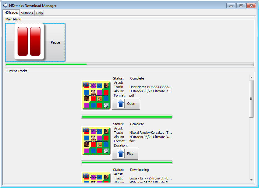 HDtracks Download Manager 7.0 : Main window