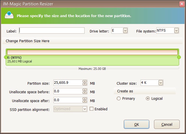 IM-Magic Partition Resizer Professional 3.1 : Partition Creation Window