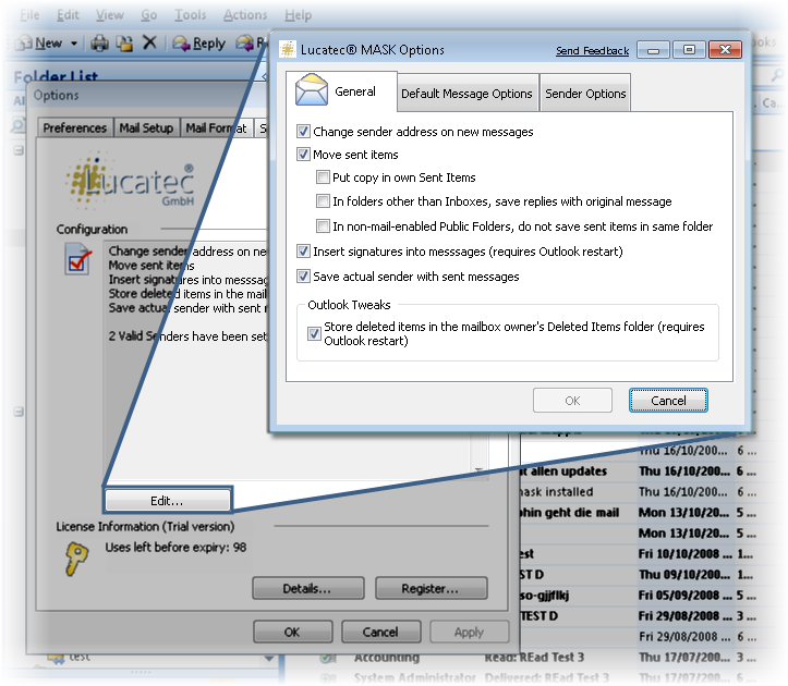 Lucatec® MASK Outlook Add-in 3.0 : Main window