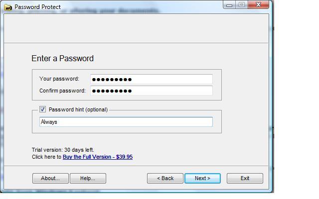 Password Protect USB 3.6 : Protecting a Folder Screen