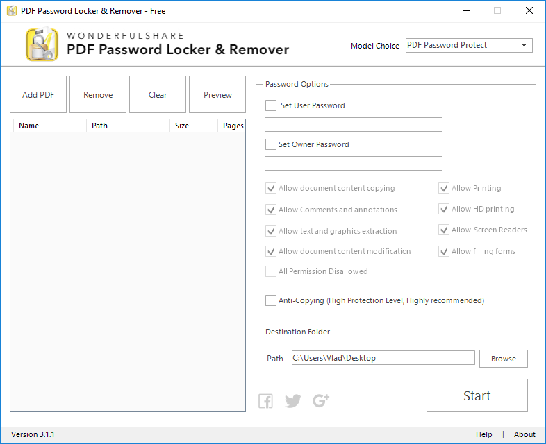 PDF Password Locker & Remover 3.1 : Main Window