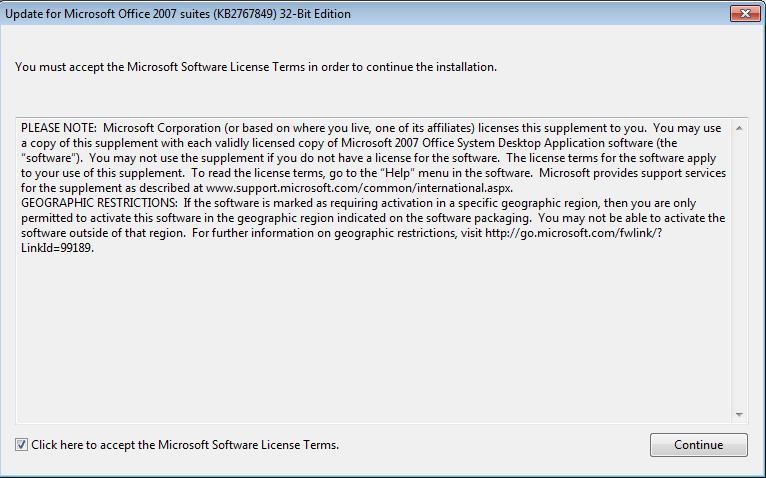 Update for Microsoft Office 2007 suites (KB2767849) 1.0 : Installation Window