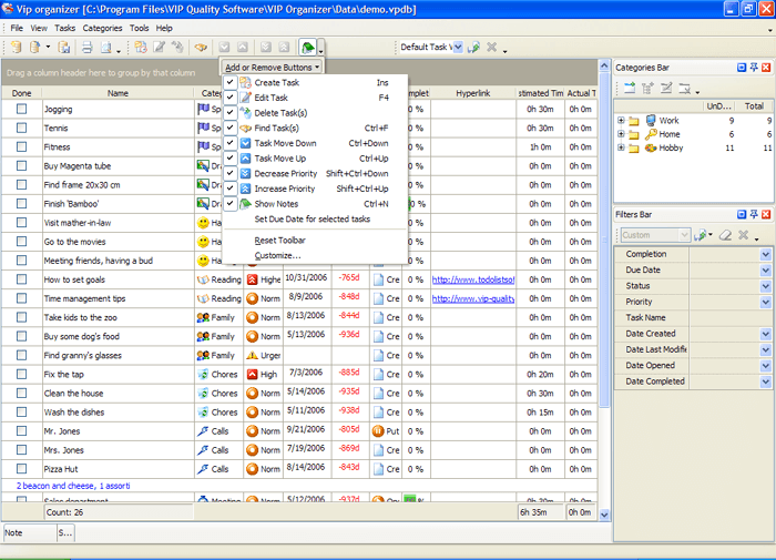 VIP Organizer 2.9 : Other Add or Remove buttons.