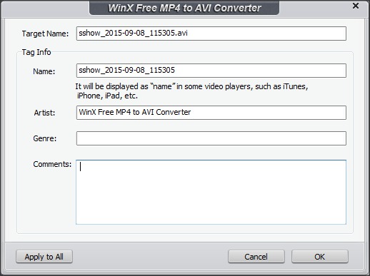 WinX Free MP4 to AVI Converter 5.1 : Output Name Edition