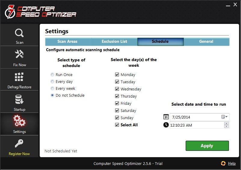 Computer Speed Optimizer 2.5 : "Settings" Section