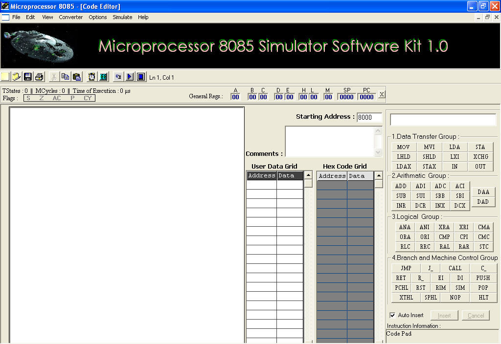 Microprocessor 8085 Simulator Software Kit 1.0 : General View