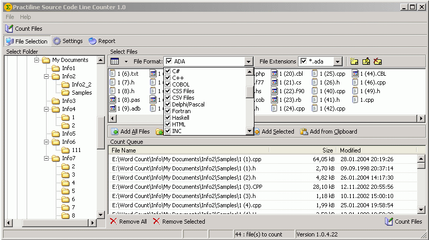 Practiline Source Code Line Counter : Main Window
