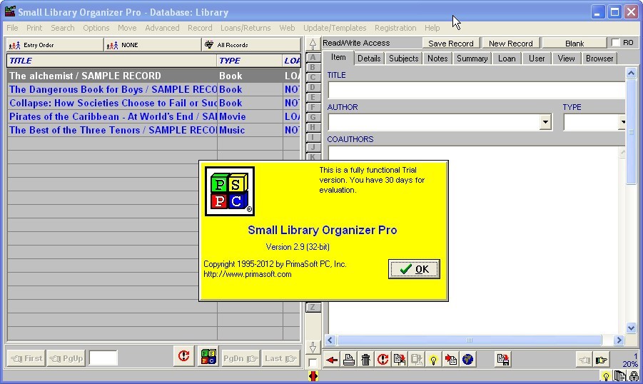 Small Library Organizer Pro 2.9 : Main Window