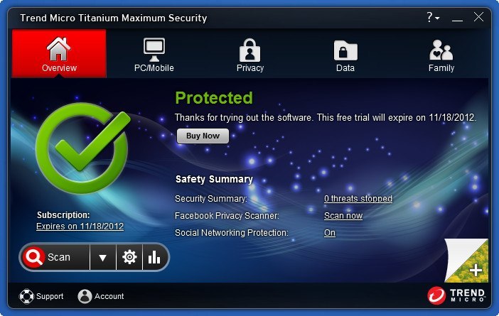 Trend Micro Titanium Maximum Security 6.0 : Main window