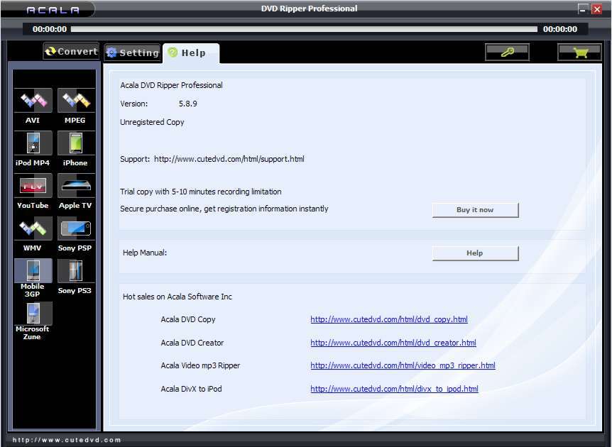 Acala DVD Ripper Professional 5.8 : Help menu