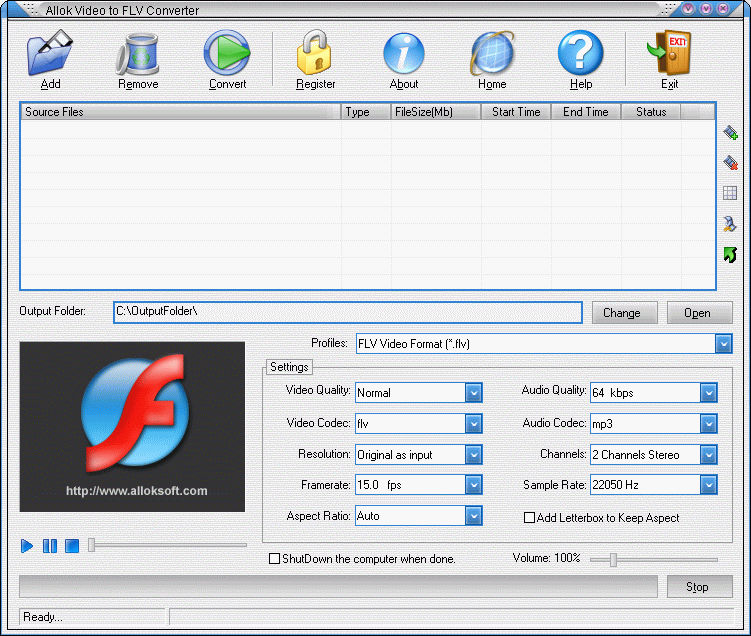 Allok Video to FLV Converter 4.8 : Main Window