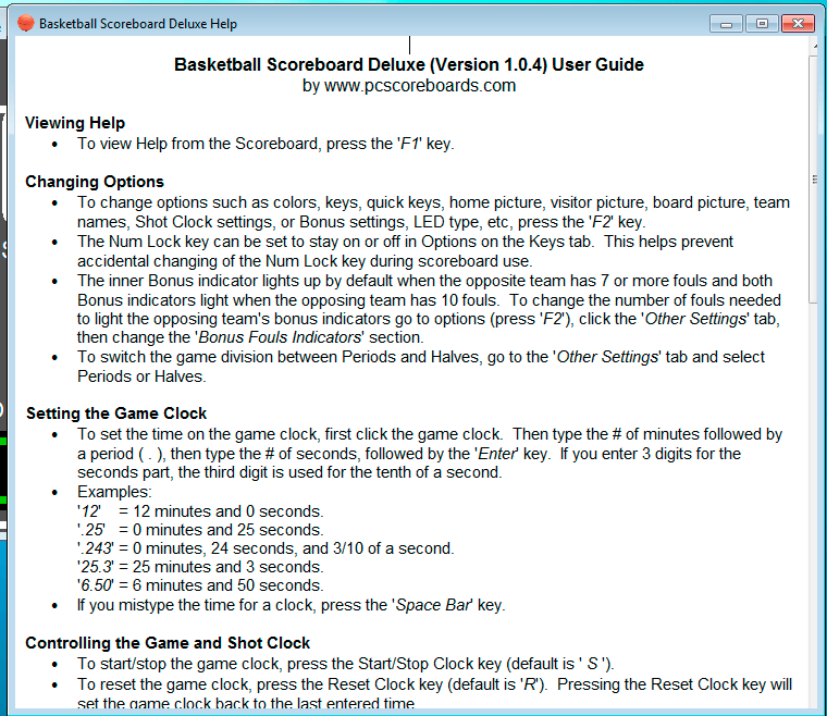 Basketball ScoreBoard Deluxe 1.0 : Help file