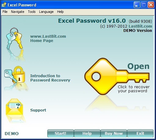 Excel Password 16.0 : Initial Screen