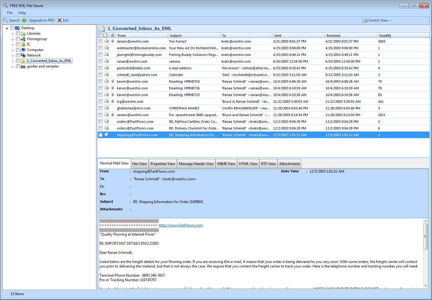 FREE EML File Viewer 2.0 : Main Window