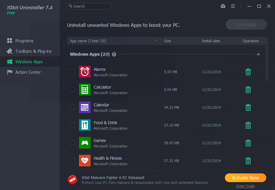 IObit Uninstaller 7.4 : Windows Apps menu