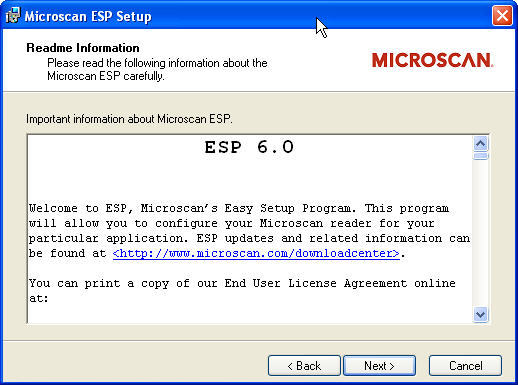 Microscan ESP 6.0 : Setup Window
