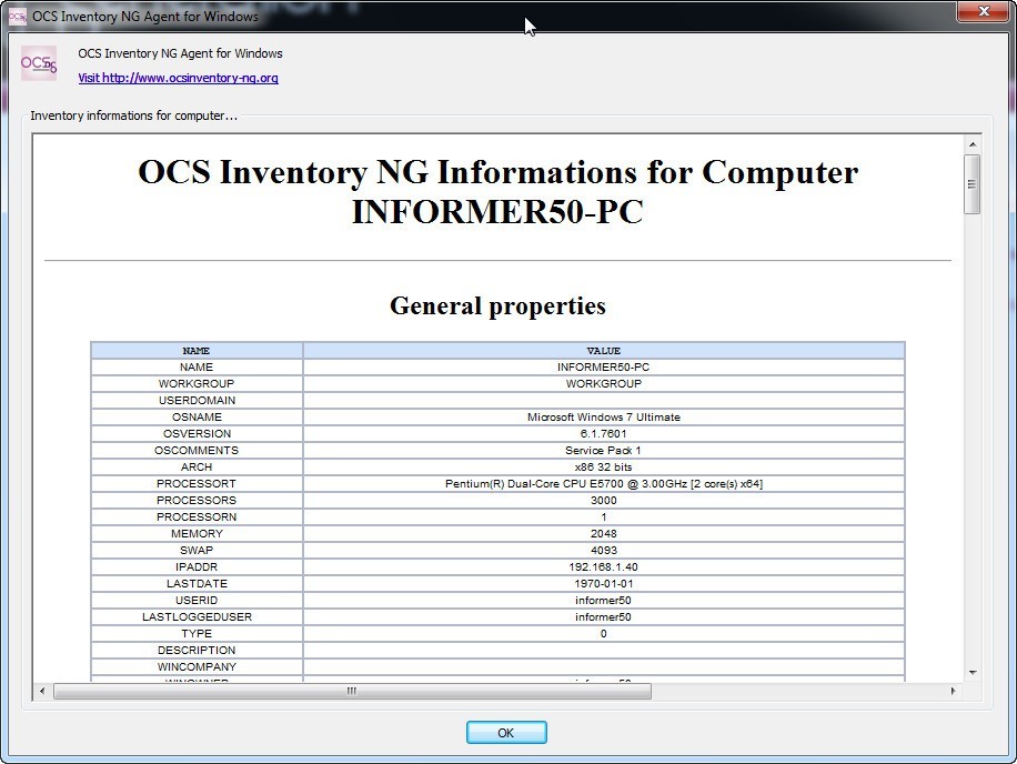 OCS Inventory NG Windows Agent 2.0 : Information Window