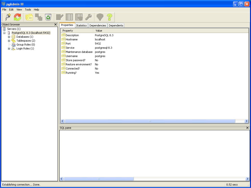 PostgreSQL 8.3 : PdAdmin III showing postgreSQL DB